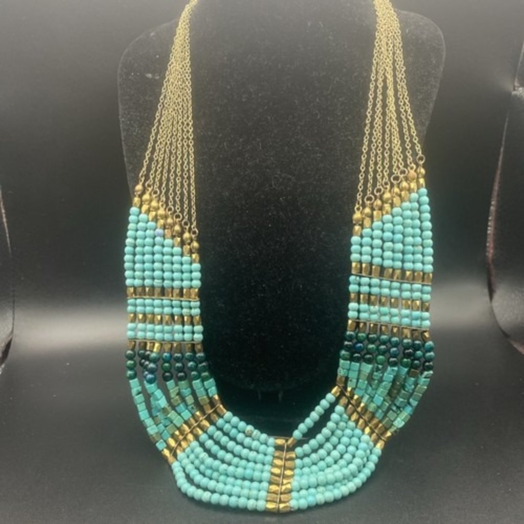 Nakamol Signed Necklace Layered Natural Stone Turquoise Bib Gold Bead Anthro Sw